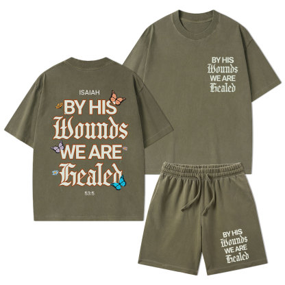 By His Wounds Christian Washed T-Shirt & Shorts