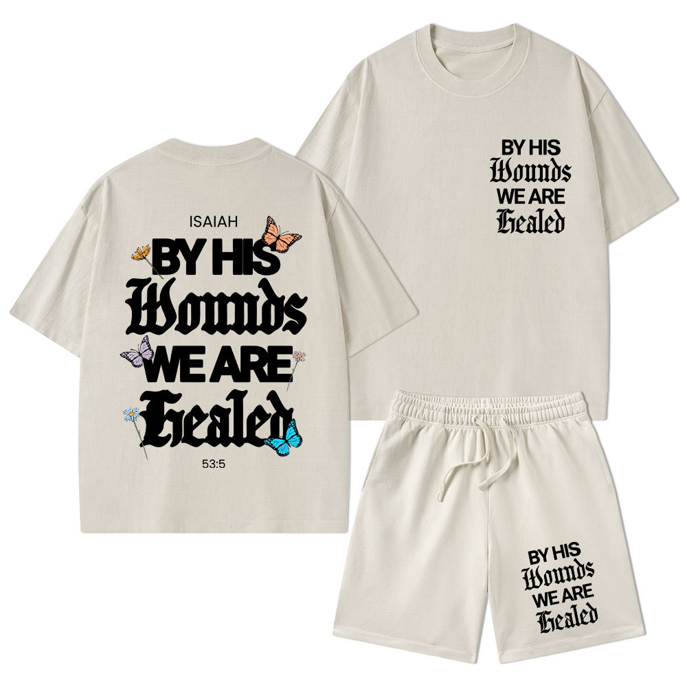 By His Wounds Christian Washed T-Shirt & Shorts
