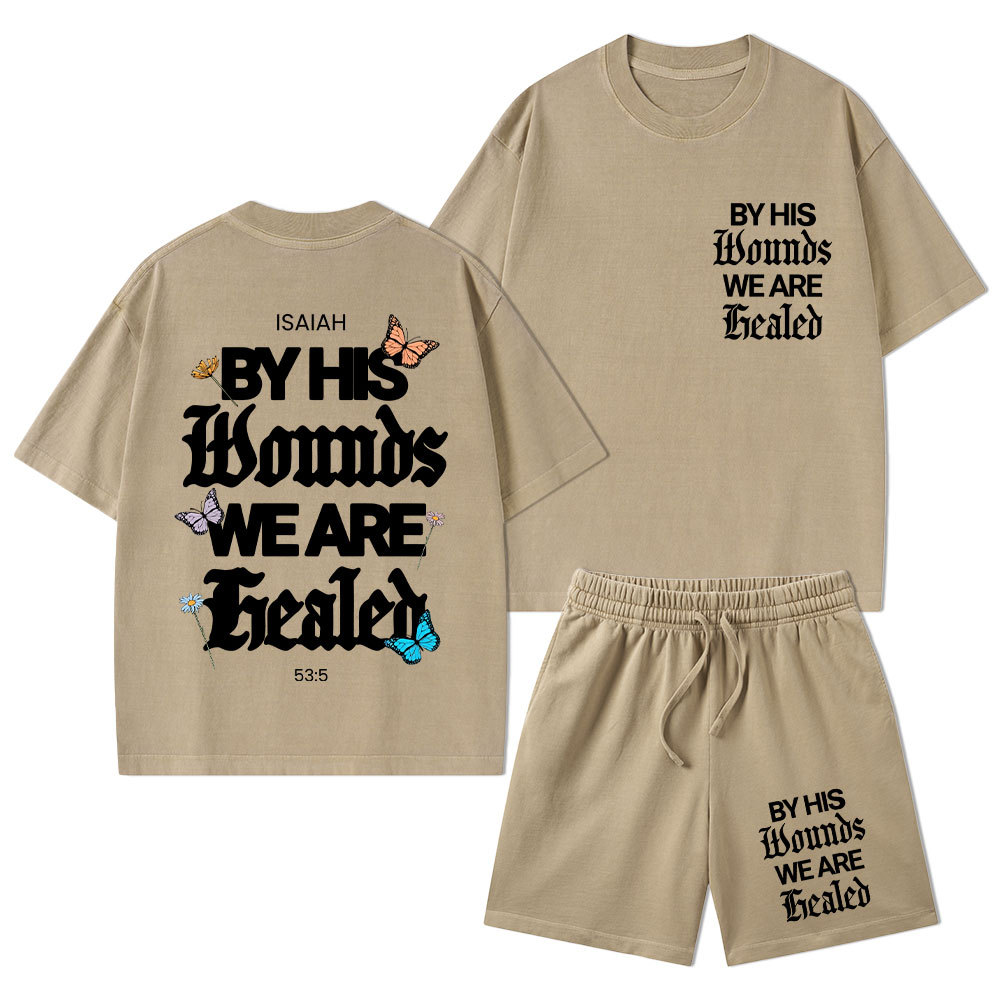 By His Wounds Christian Washed T-Shirt & Shorts