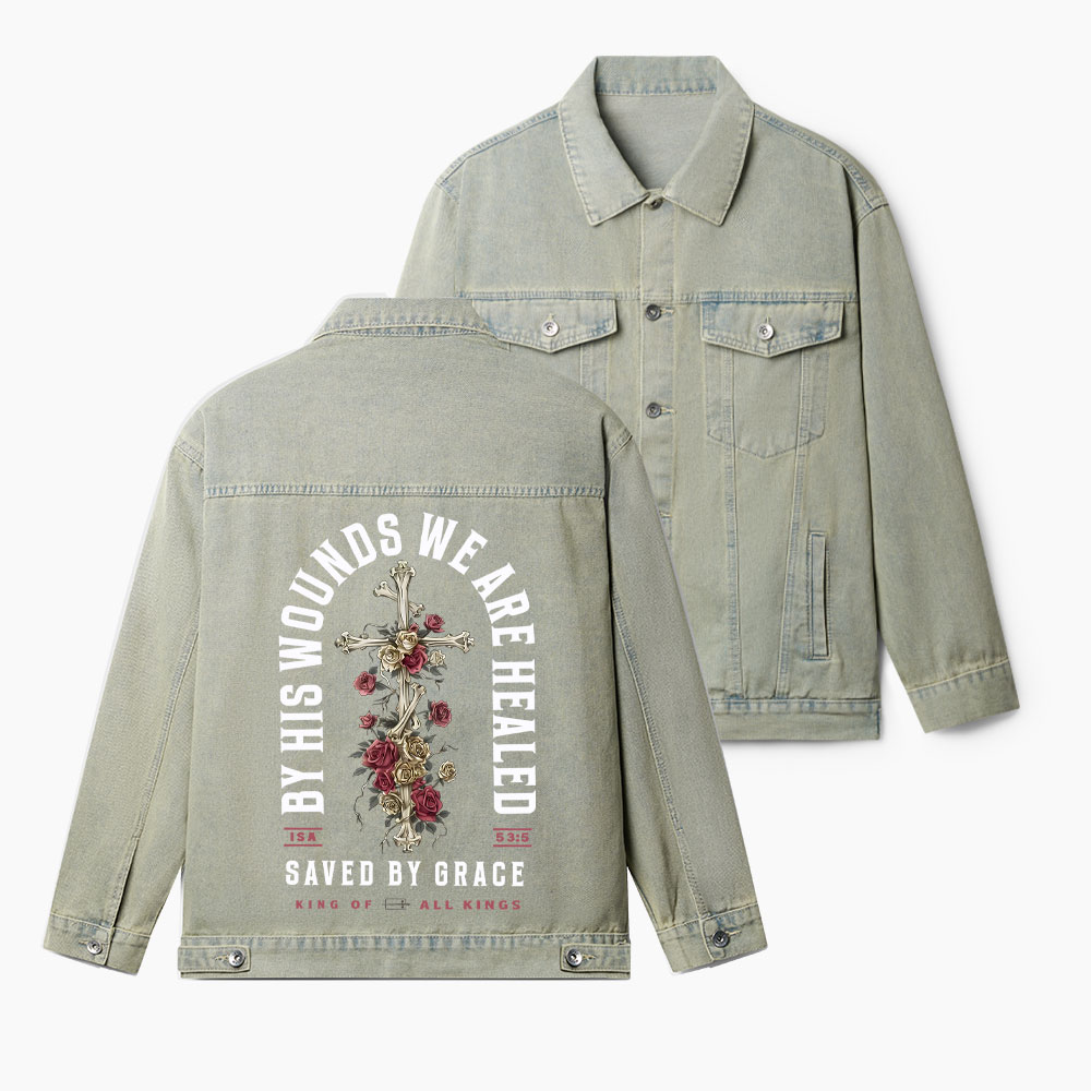 By His Wounds We Are Healed Christian Denim Jacket