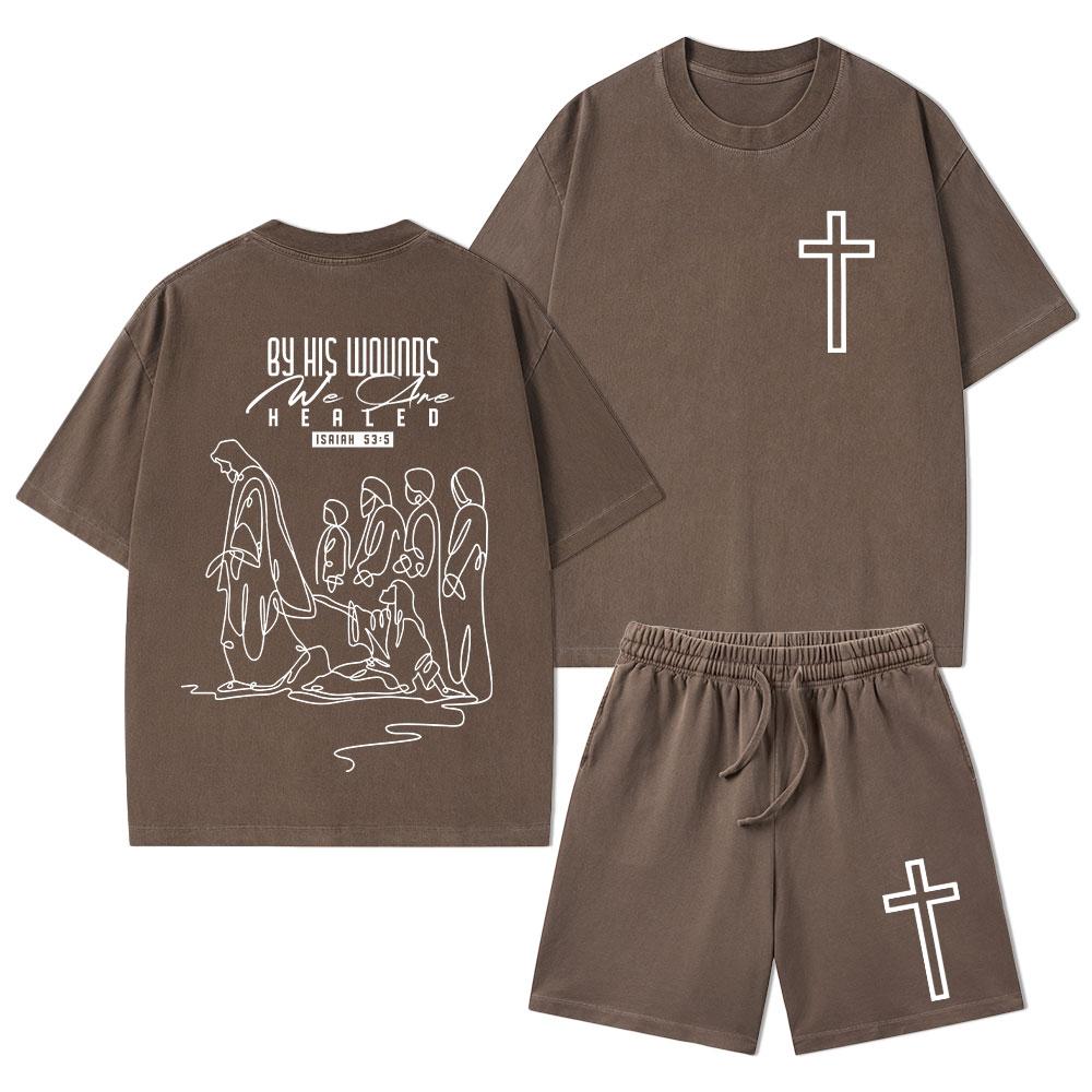 By His Wounds We Are Healed Christian Washed T-Shirt & Shorts