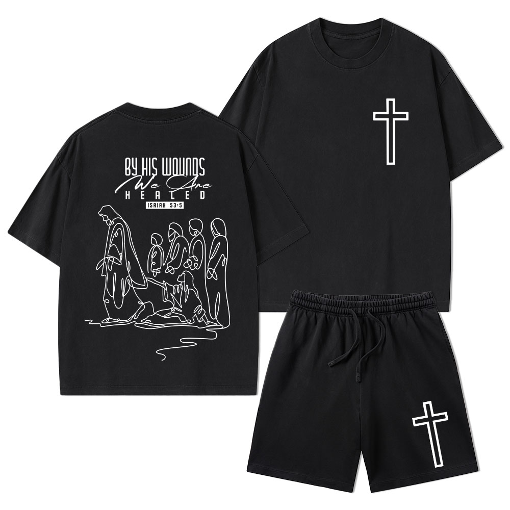 By His Wounds We Are Healed Christian Washed T-Shirt & Shorts
