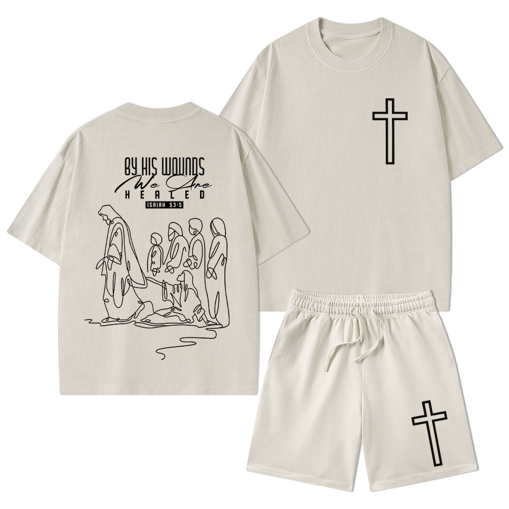 By His Wounds We Are Healed Christian Washed T-Shirt & Shorts