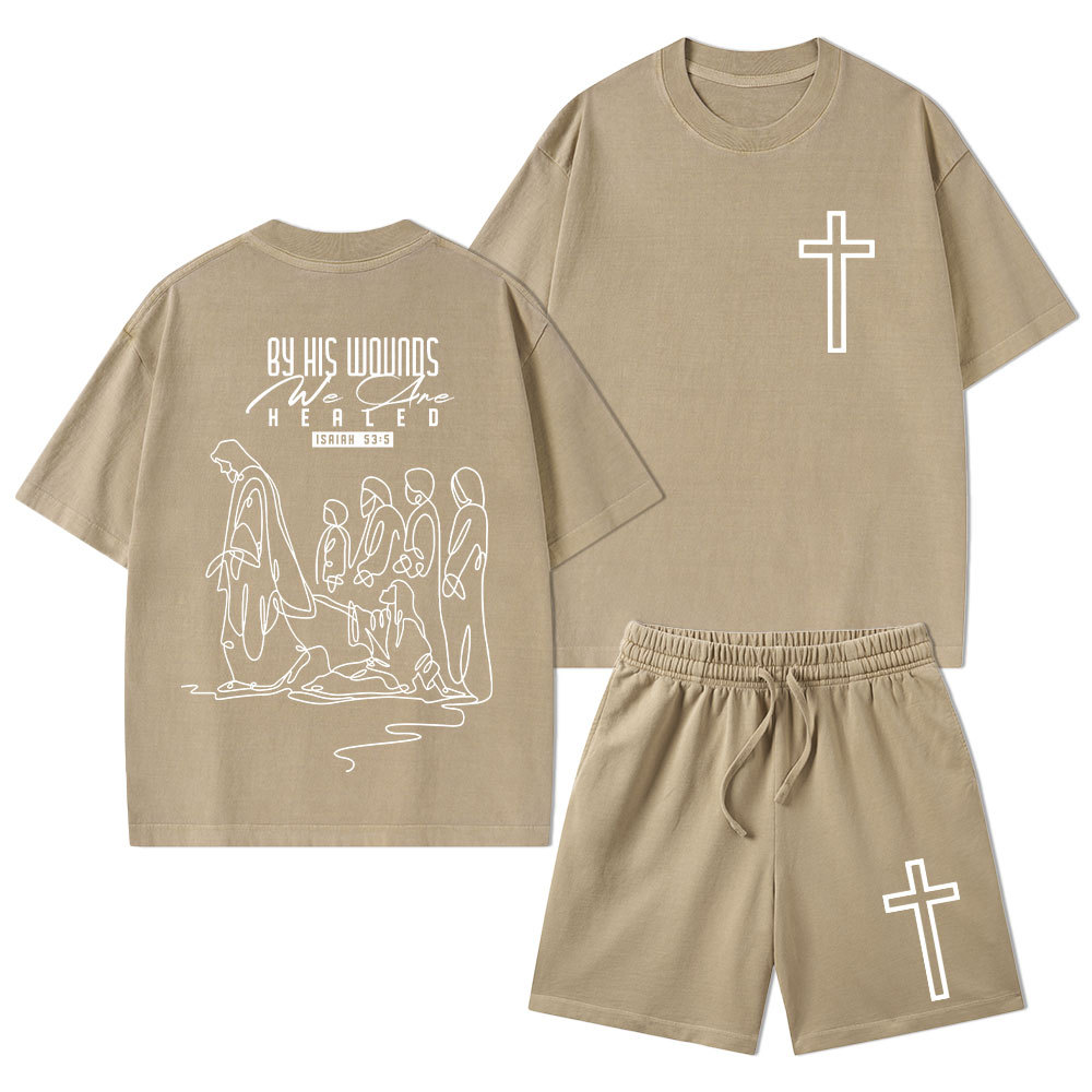 By His Wounds We Are Healed Christian Washed T-Shirt & Shorts