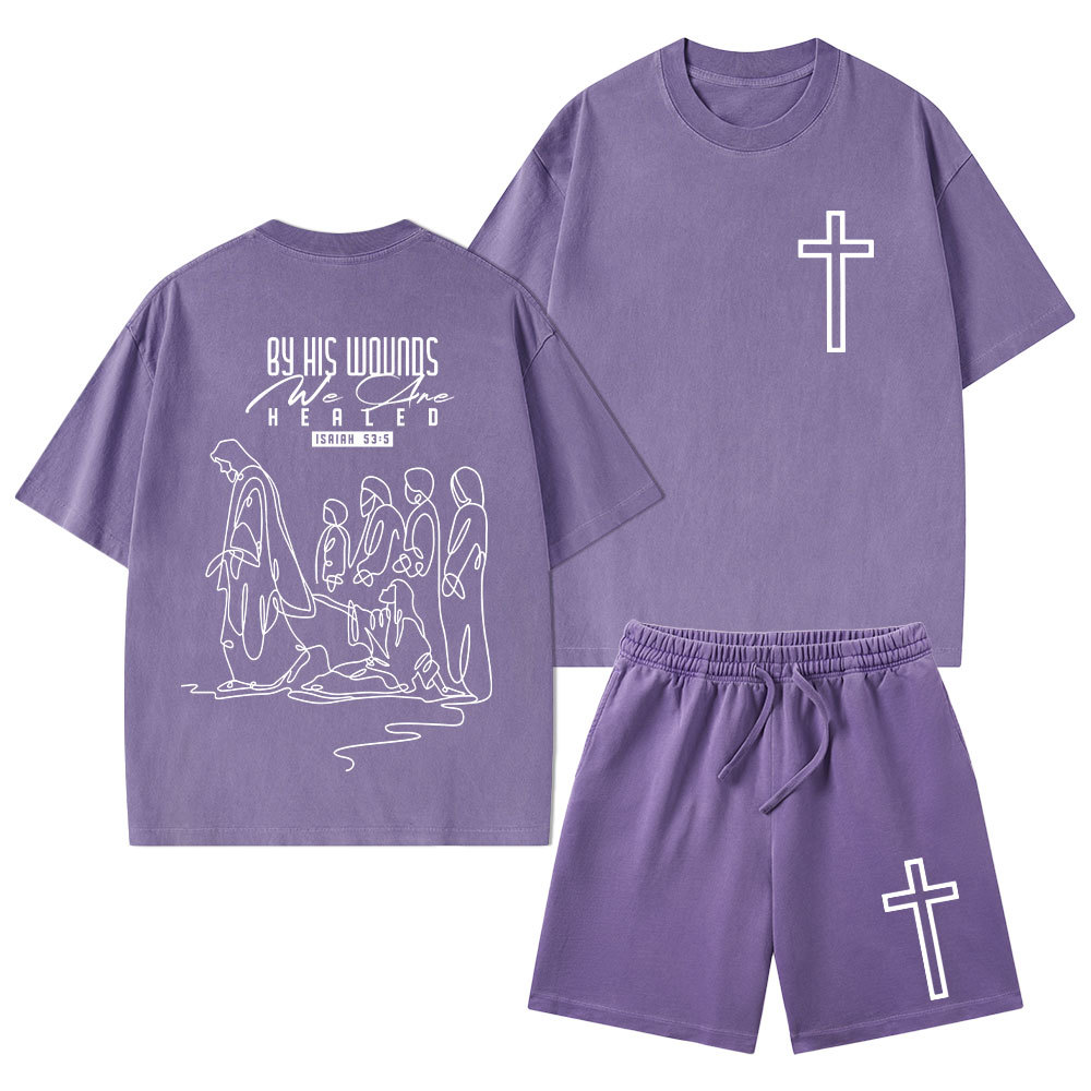 By His Wounds We Are Healed Christian Washed T-Shirt & Shorts