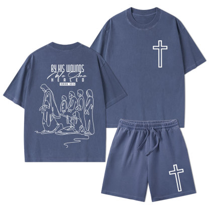 By His Wounds We Are Healed Christian Washed T-Shirt & Shorts