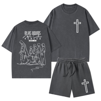By His Wounds We Are Healed Christian Washed T-Shirt & Shorts