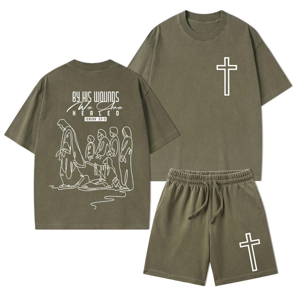 By His Wounds We Are Healed Christian Washed T-Shirt & Shorts
