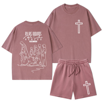 By His Wounds We Are Healed Christian Washed T-Shirt & Shorts