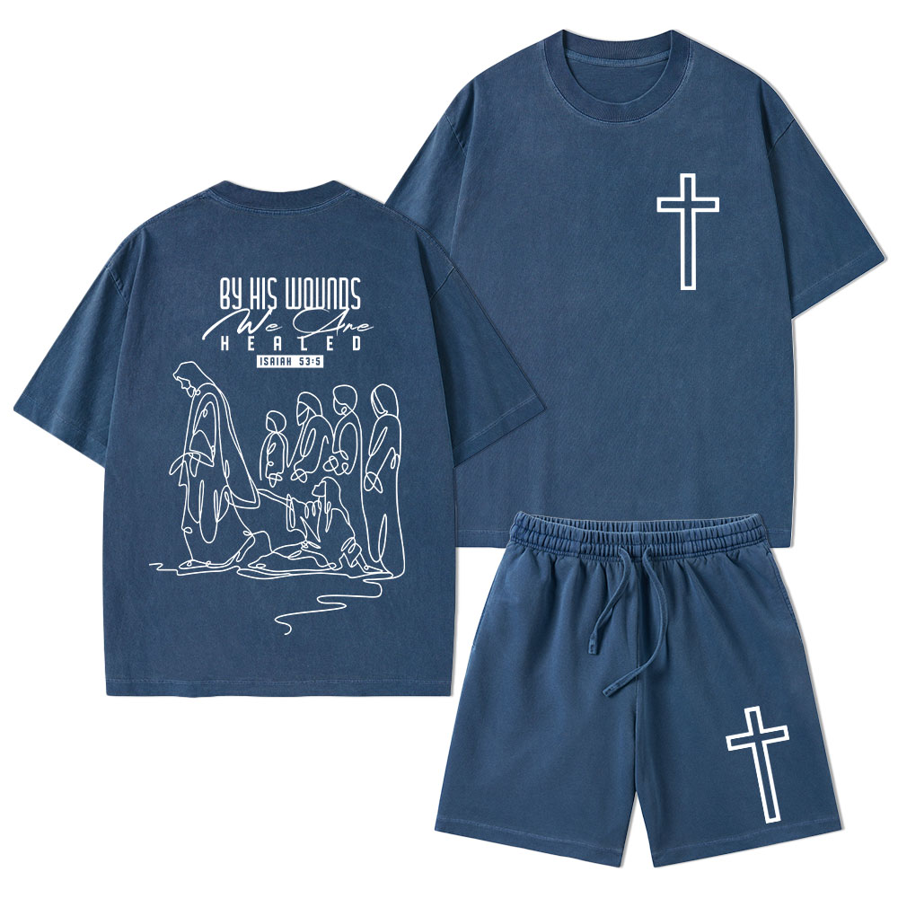 By His Wounds We Are Healed Christian Washed T-Shirt & Shorts