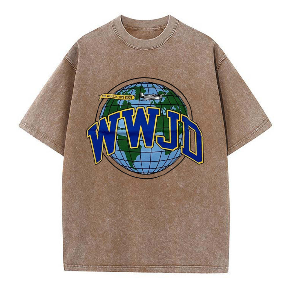 WWJD Globe Christian Washed T-Shirt
