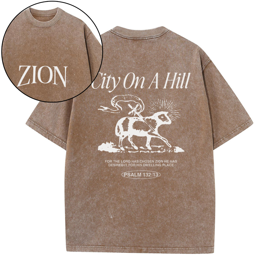 Zion City On A Hill Christian Washed T-Shirt