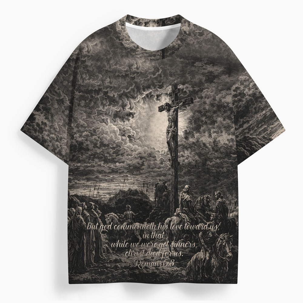 Christ Died For Us Oversized All-Over Print Christian T-Shirt