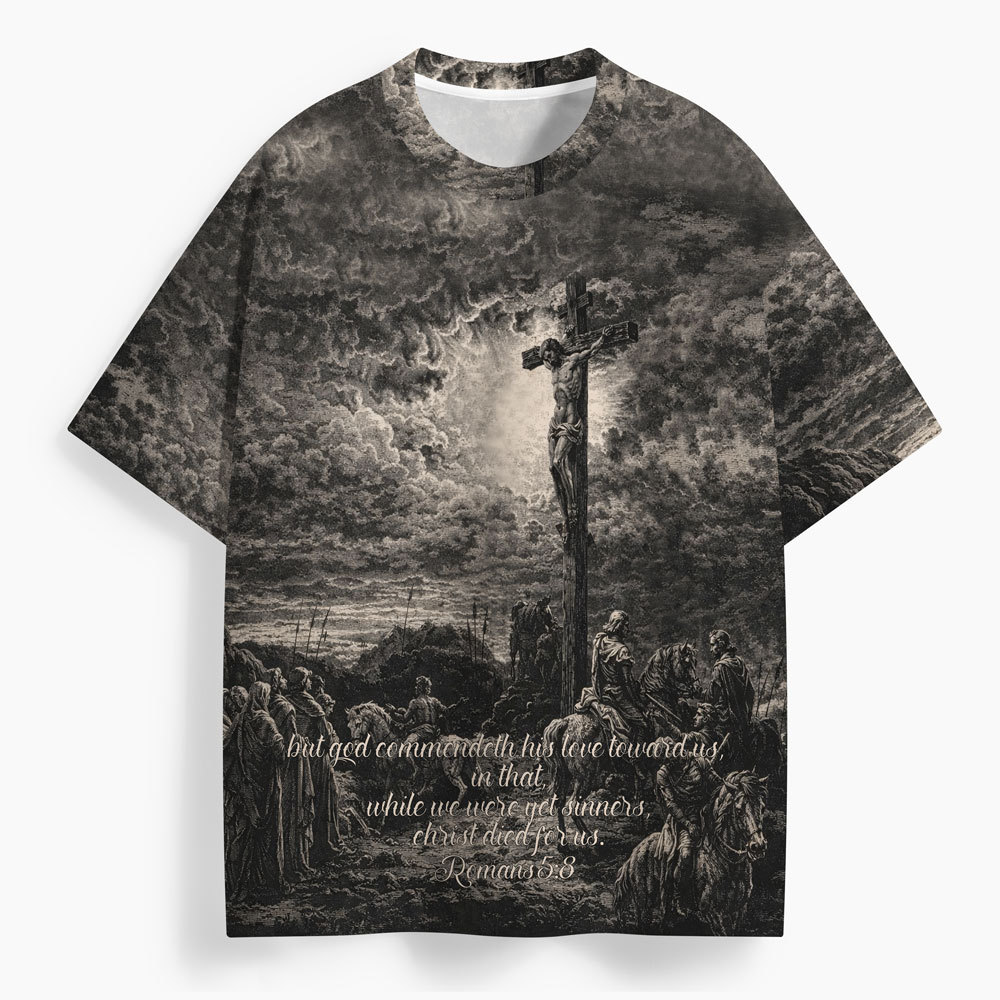 Christ Died For Us Oversized All-Over Print Christian T-Shirt