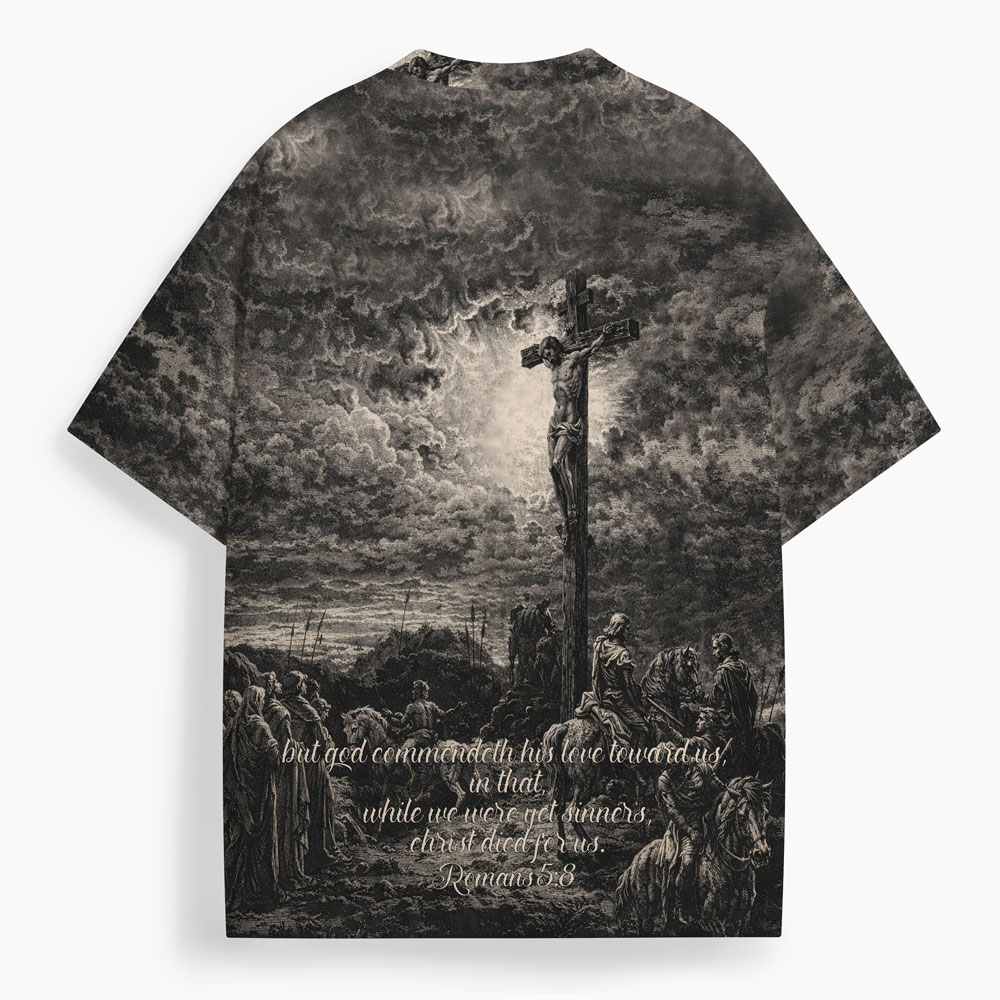 Christ Died For Us Oversized All-Over Print Christian T-Shirt