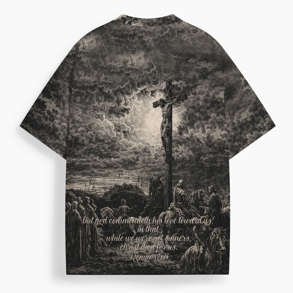 Christ Died For Us Oversized All-Over Print Christian T-Shirt