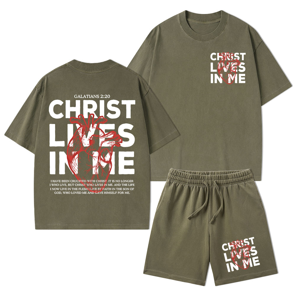 Christ Lives In Me Christian Washed T-Shirt & Shorts
