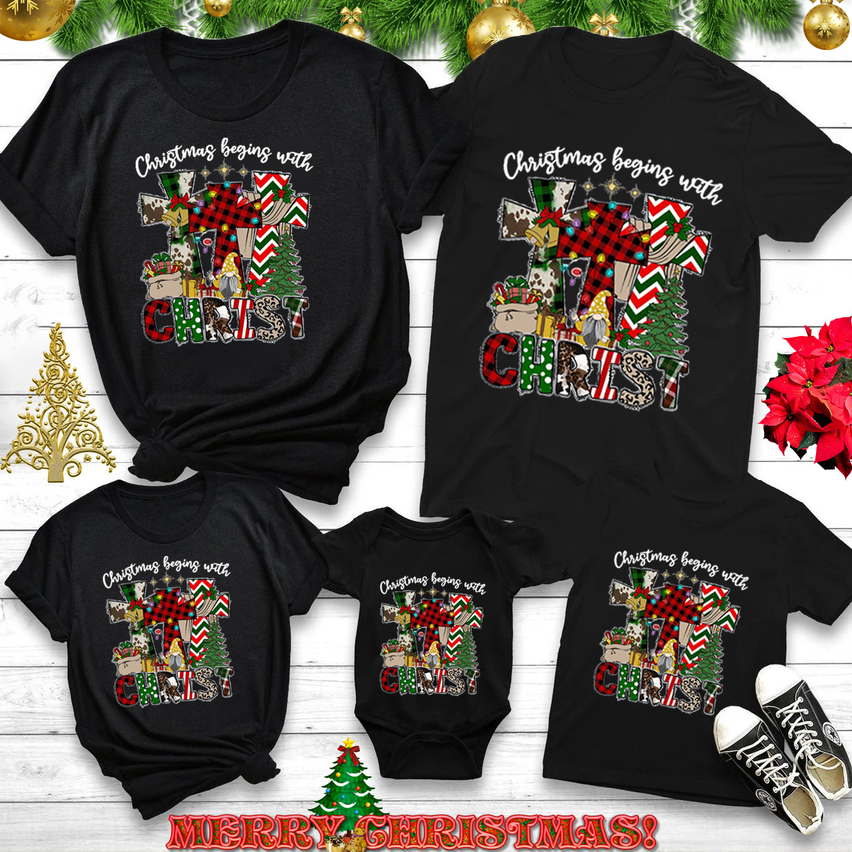 Christmas Begins With Christ Christian Family Matching Shirts