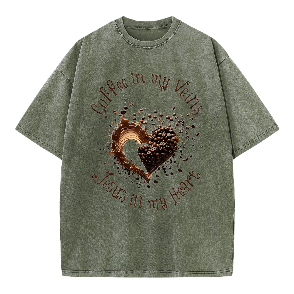 Coffee In My Veins Jesus In My Heart Christian Washed T-Shirt Sale-GuidingCross