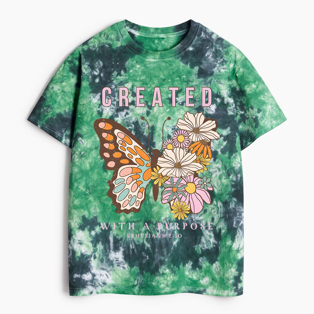 Created With Purpose Christian Heavy Cotton Tie Dye T-Shirt Sale - GuidingCross