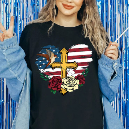 Cross And FLower Christian Washed T-Shirt