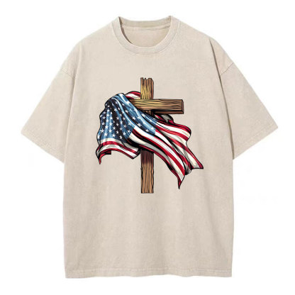 Cross Flag Christian Washed T-Shirt