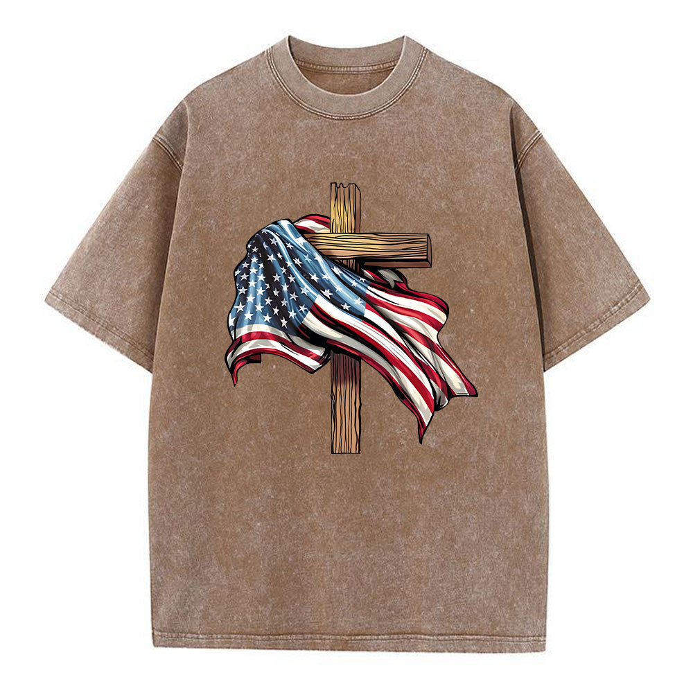Cross Flag Christian Washed T-Shirt