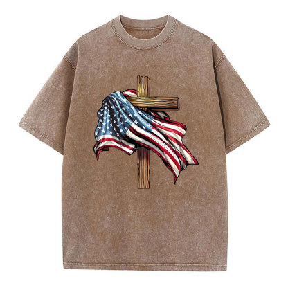 Cross Flag Christian Washed T-Shirt