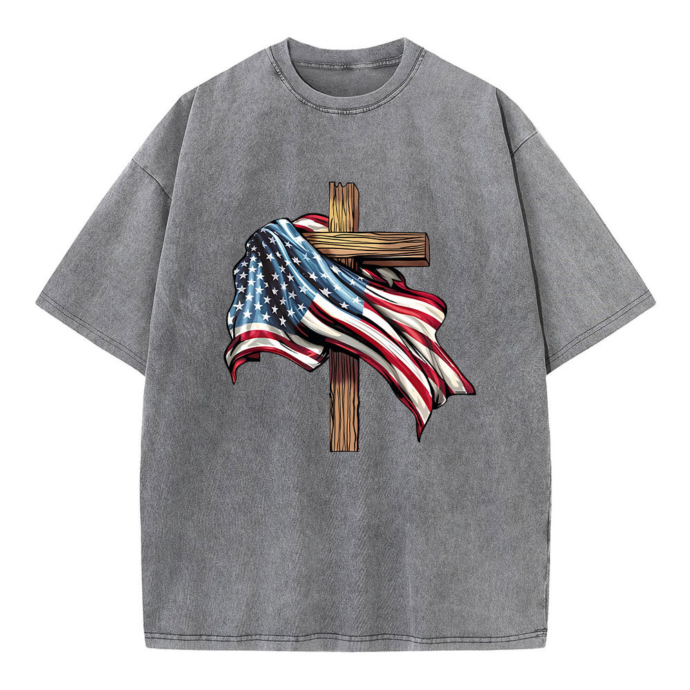 Cross Flag Christian Washed T-Shirt