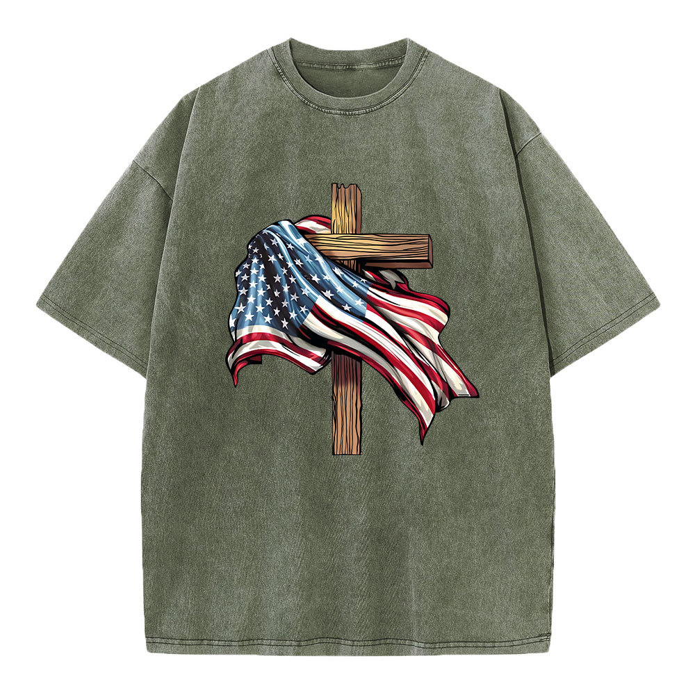 Cross Flag Christian Washed T-Shirt