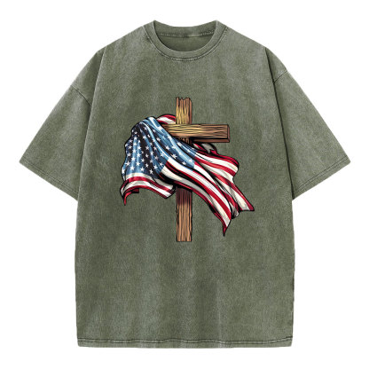 Cross Flag Christian Washed T-Shirt