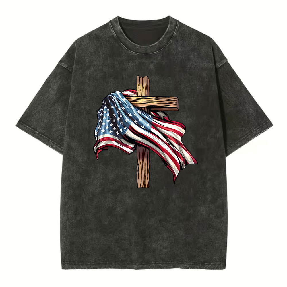 Cross Flag Christian Washed T-Shirt