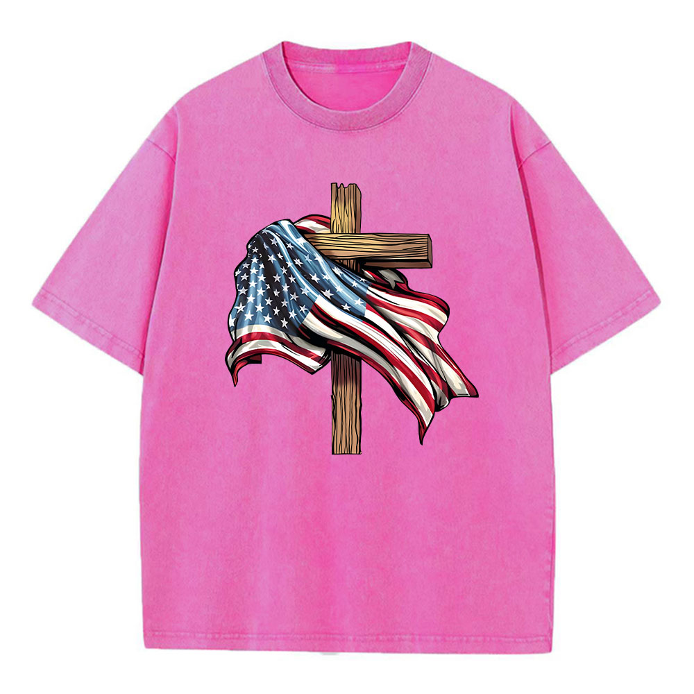 Cross Flag Christian Washed T-Shirt
