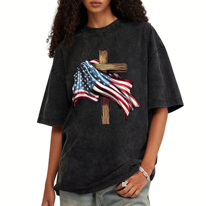 Cross Flag Christian Washed T-Shirt