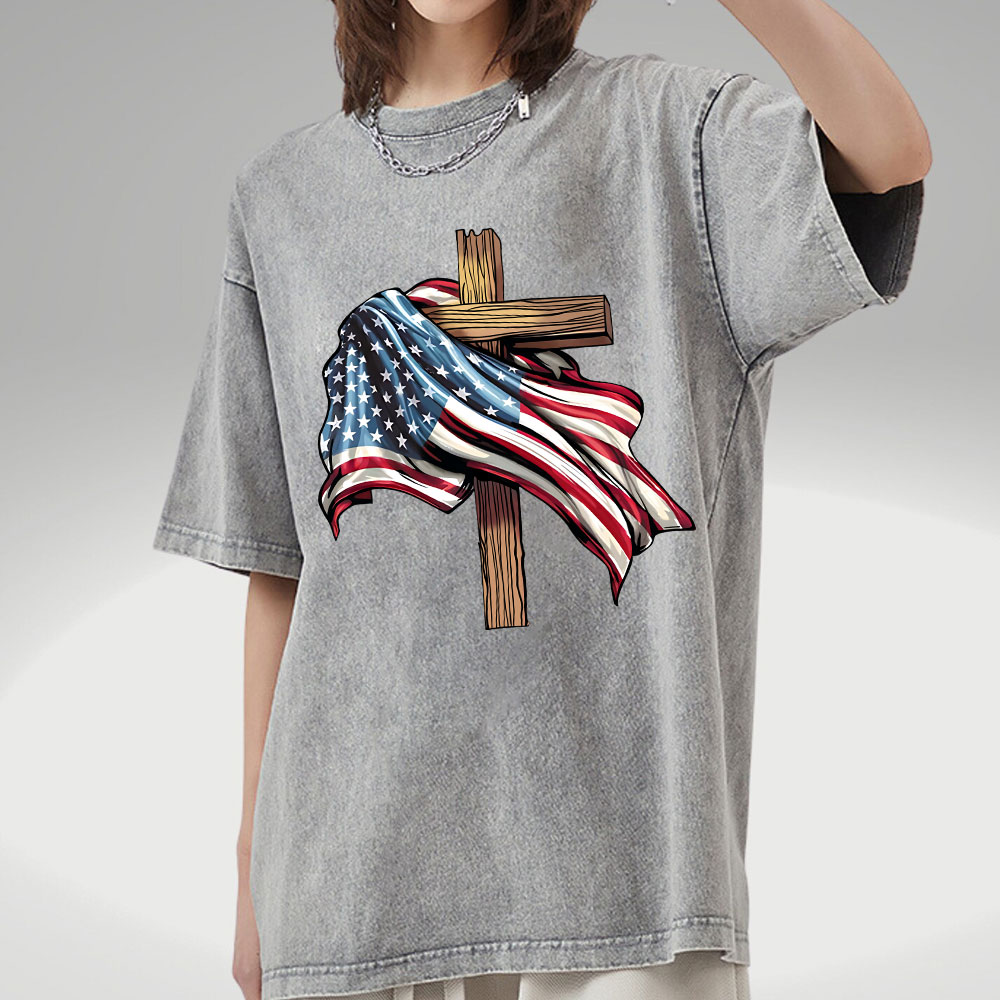 Cross Flag Christian Washed T-Shirt