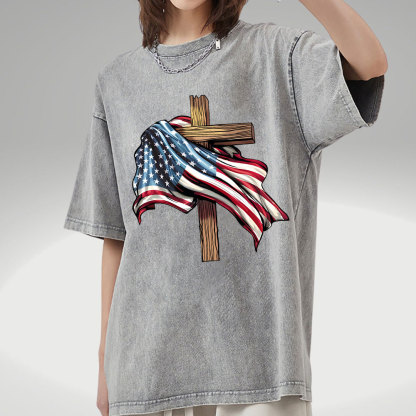Cross Flag Christian Washed T-Shirt