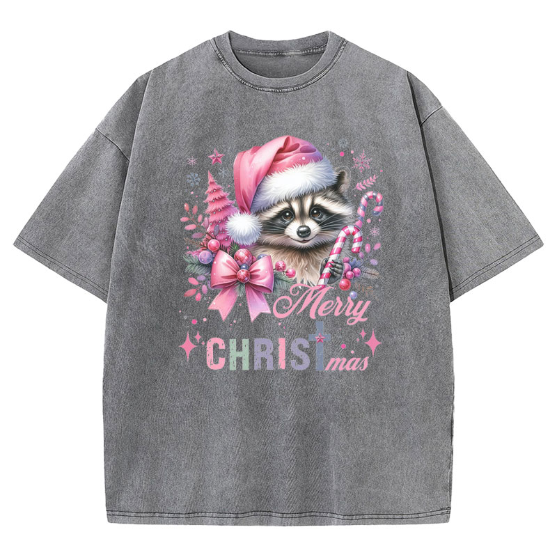 Cust Pink Santa Raccoon Christmas Christian Washed T-Shirt