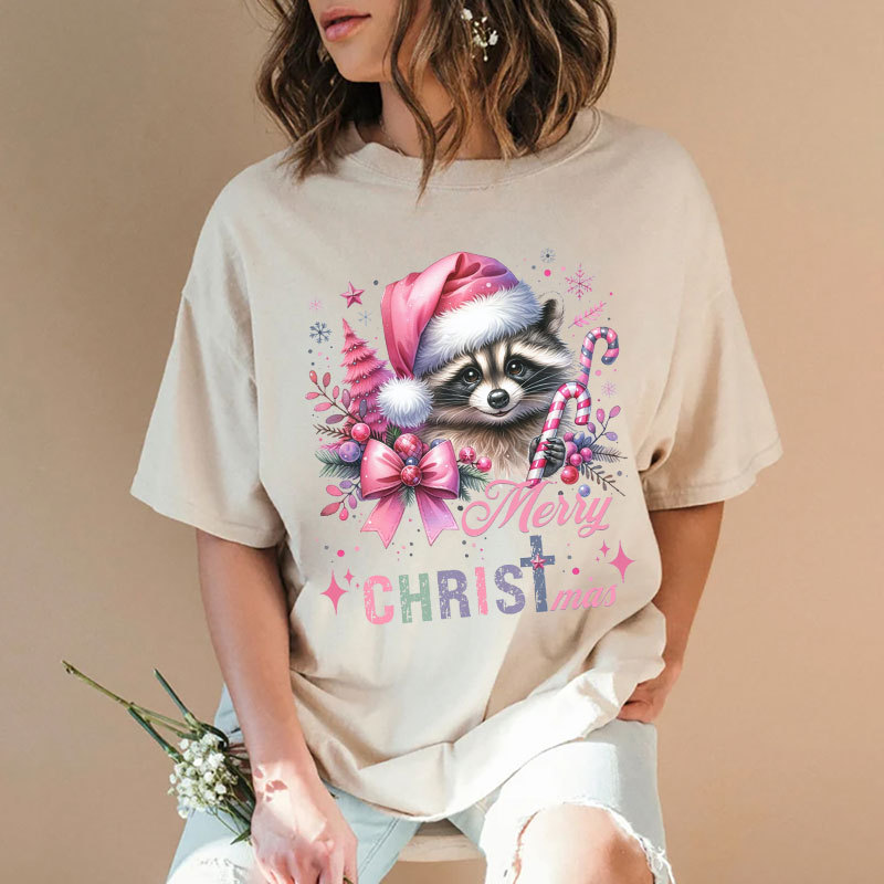 Cust Pink Santa Raccoon Christmas Christian Washed T-Shirt