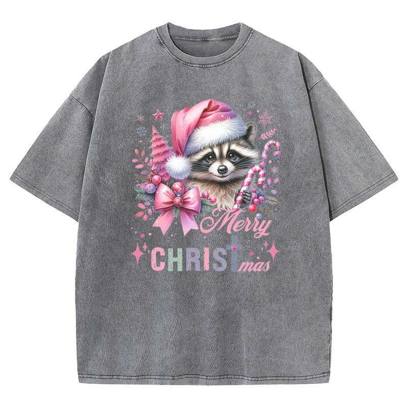 Cust Pink Santa Raccoon Christmas Christian Washed T-Shirt