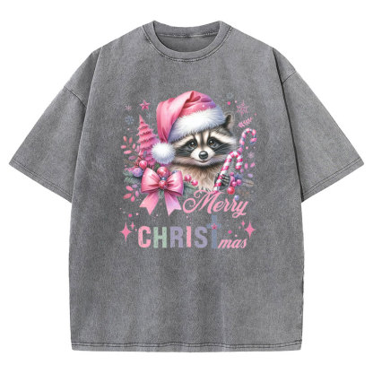 Cust Pink Santa Raccoon Christmas Christian Washed T-Shirt