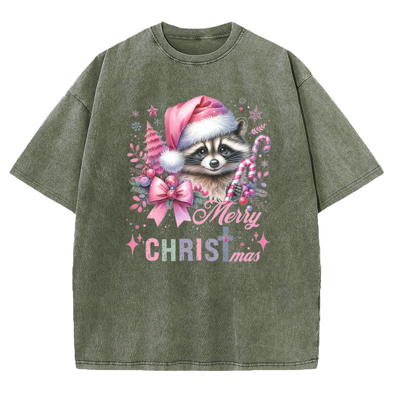 Cust Pink Santa Raccoon Christmas Christian Washed T-Shirt