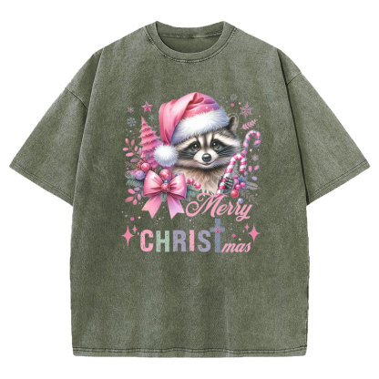 Cust Pink Santa Raccoon Christmas Christian Washed T-Shirt