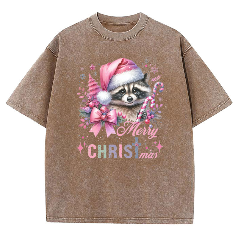 Cust Pink Santa Raccoon Christmas Christian Washed T-Shirt