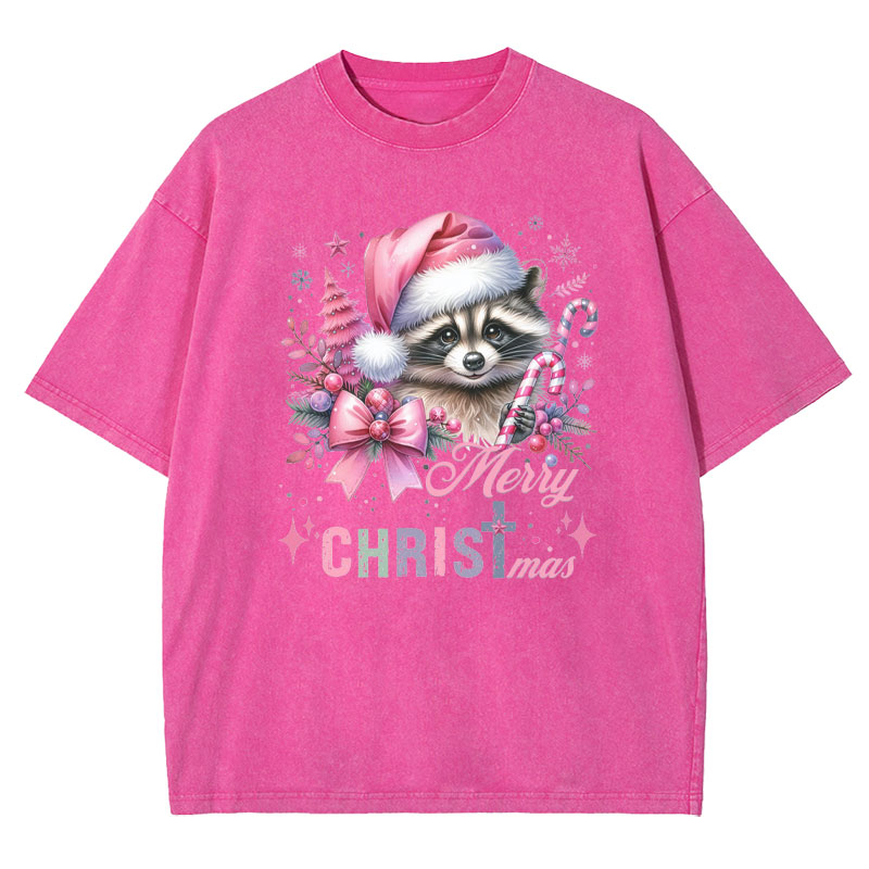 Cust Pink Santa Raccoon Christmas Christian Washed T-Shirt
