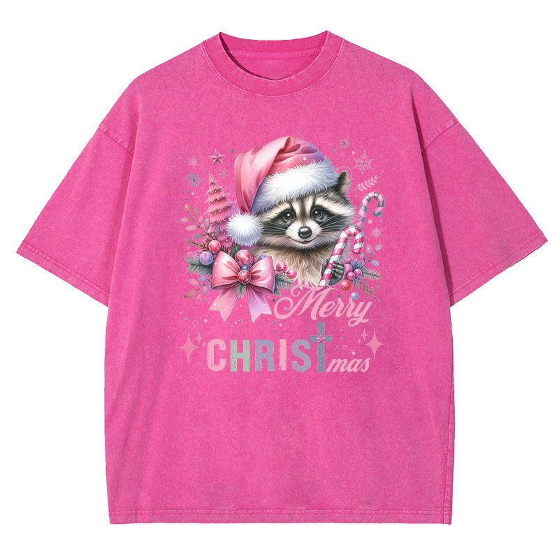 Cust Pink Santa Raccoon Christmas Christian Washed T-Shirt