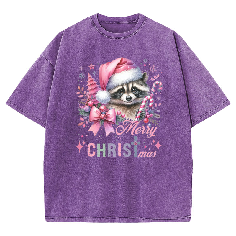 Cust Pink Santa Raccoon Christmas Christian Washed T-Shirt