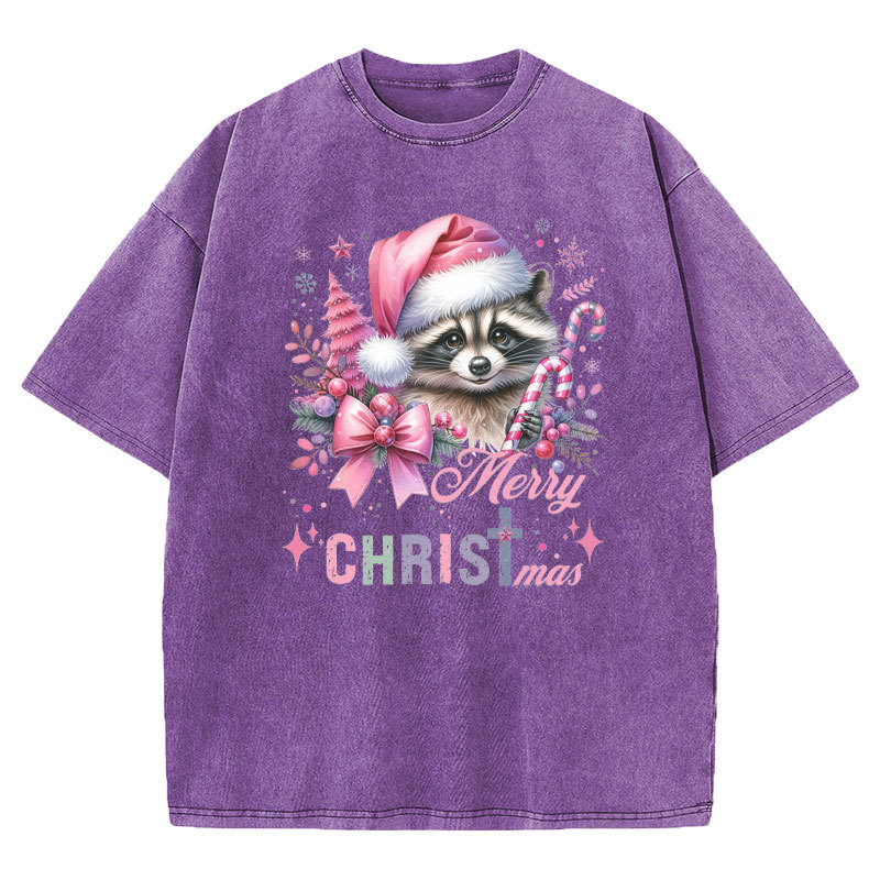 Cust Pink Santa Raccoon Christmas Christian Washed T-Shirt