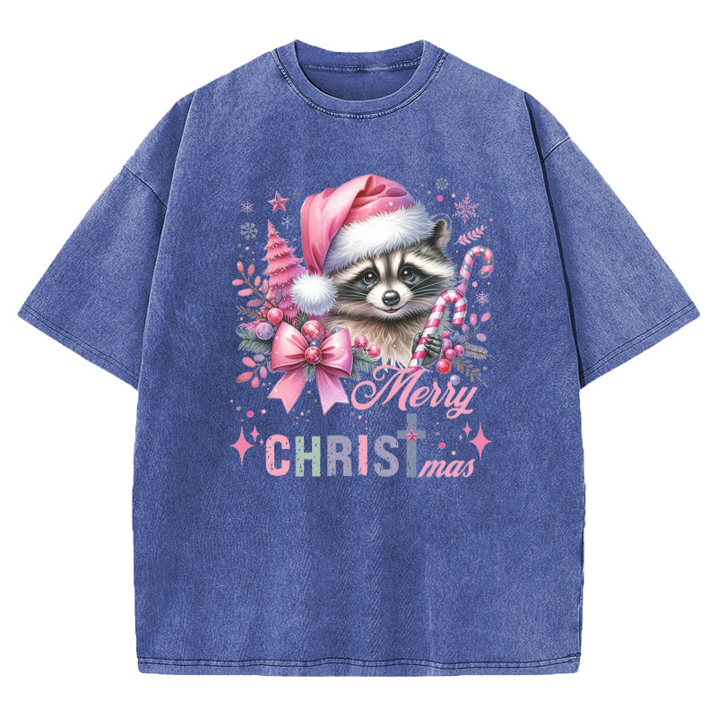 Cust Pink Santa Raccoon Christmas Christian Washed T-Shirt
