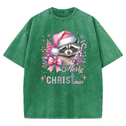 Cust Pink Santa Raccoon Christmas Christian Washed T-Shirt