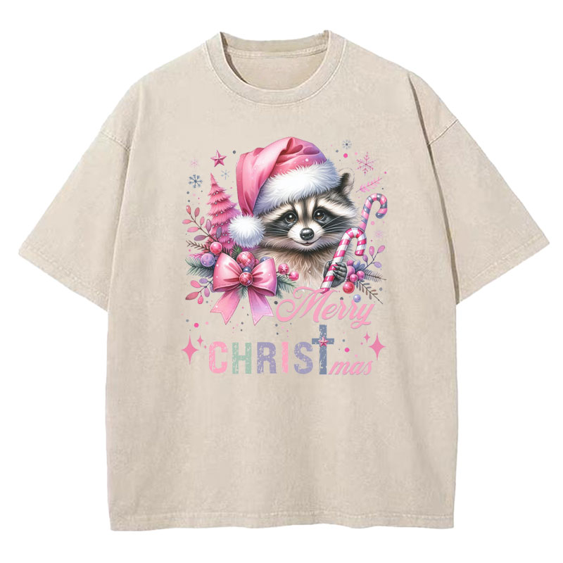 Cust Pink Santa Raccoon Christmas Christian Washed T-Shirt